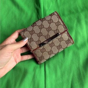 Gucci Brown Monogram Canvas Fold Wallet with Burgundy Trim